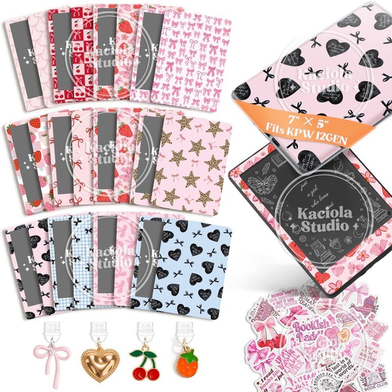 KACIOLA STUDIO 24PCS Pink Bow Skin for E-Reader, and 4PCS Type C Charms for E-Reader with Scrapbook Stickers, 7"x5" Skin Front and Back Decal Inserts for Paper White 12th (Pink Bow) - Image 1
